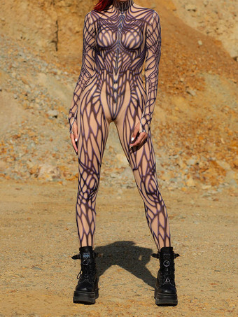 パープル 模様入り全身タイツスーツ ラインアートテクスチャ レディース ボディスーツ 3Dプリント 抽象柄 セクシー タイト ジャンプスーツ