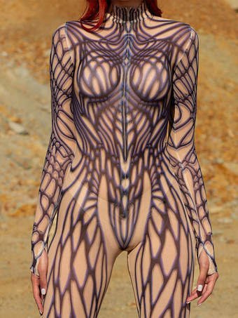 模様入り全身タイツスーツ ラインアートテクスチャ レディース ボディスーツ 3Dプリント 抽象柄 セクシー タイト ジャンプスーツ