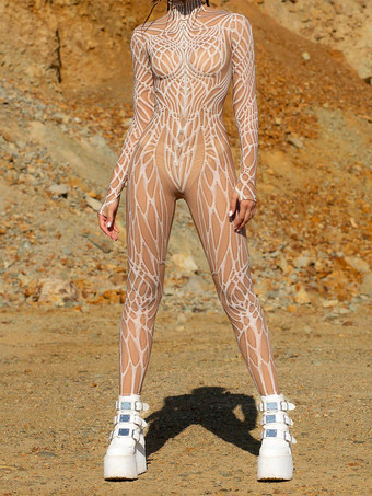 肌色模様入り全身タイツスーツ ラインアートテクスチャ レディース ボディスーツ 3Dプリント 抽象柄 セクシー タイト ジャンプスーツ