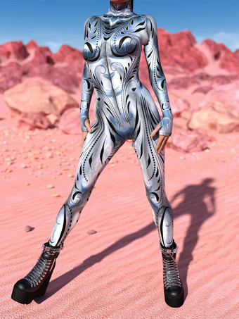 シルバー 柄入り全身タイツスーツ シルバーホワイト縞模様 レディースボディスーツ 3Dプリントテクスチャ メタリック光沢ジャンプスーツ