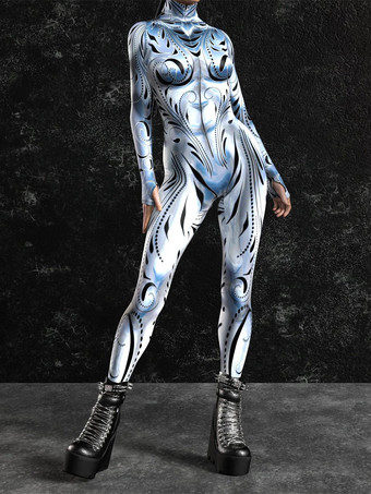 柄入り全身タイツスーツ シルバーホワイト縞模様 レディースボディスーツ 3Dプリントテクスチャ メタリック光沢ジャンプスーツ