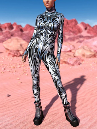 ブラック 柄入り全身タイツスーツ シルバーホワイト縞模様 レディースボディスーツ 3Dプリントテクスチャ メタリック光沢ジャンプスーツ