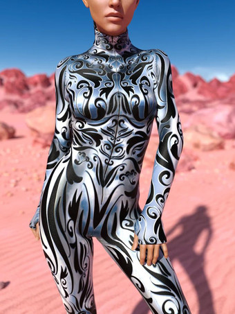 柄入り全身タイツスーツ シルバーホワイト縞模様 レディースボディスーツ 3Dプリントテクスチャ メタリック光沢ジャンプスーツ