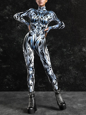 柄入り全身タイツスーツ シルバーホワイト縞模様 レディースボディスーツ 3Dプリントテクスチャ メタリック光沢ジャンプスーツ