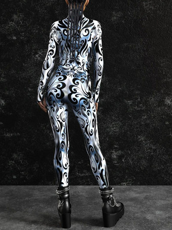 柄入り全身タイツスーツ シルバーホワイト縞模様 レディースボディスーツ 3Dプリントテクスチャ メタリック光沢ジャンプスーツ