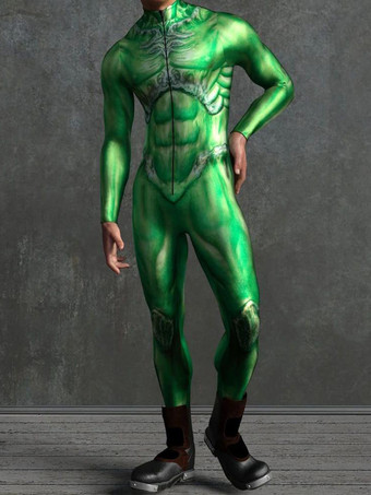 ライトグリーン 模様付き全身タイツスーツ グリーンカメレオン迷彩ボディスーツ 3Dプリント爬虫類スキンテクスチャ