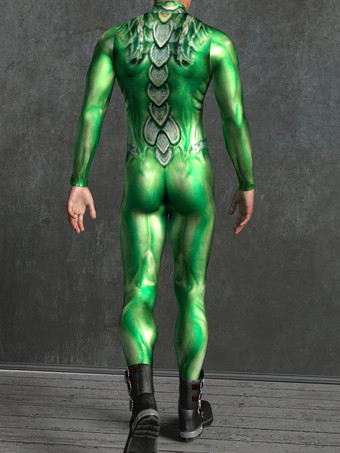 模様付き全身タイツスーツ グリーンカメレオン迷彩ボディスーツ 3Dプリント爬虫類スキンテクスチャ