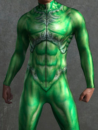 模様付き全身タイツスーツ グリーンカメレオン迷彩ボディスーツ 3Dプリント爬虫類スキンテクスチャ