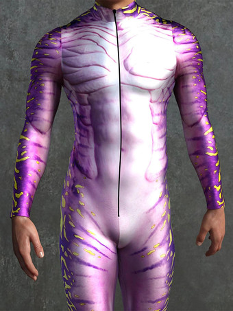 パープル 模様付き全身タイツスーツ グリーンカメレオン迷彩ボディスーツ 3Dプリント爬虫類スキンテクスチャ