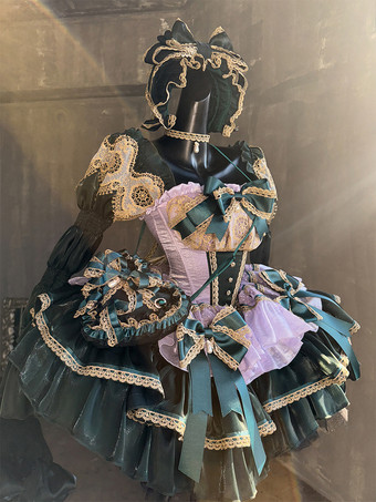 クラシックロリータストラップレスドレス、レースのリボンがアクセントのグリーンビクトリア朝スタイルのロリータガウン