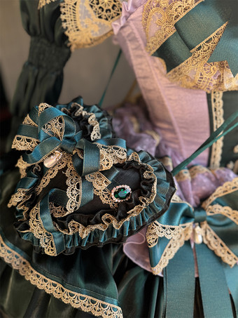 クラシックロリータストラップレスドレス、レースのリボンがアクセントのグリーンビクトリア朝スタイルのロリータガウン