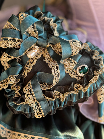 クラシックロリータストラップレスドレス、レースのリボンがアクセントのグリーンビクトリア朝スタイルのロリータガウン