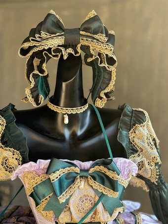 クラシックロリータストラップレスドレス、レースのリボンがアクセントのグリーンビクトリア朝スタイルのロリータガウン