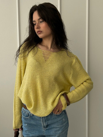 GialloMaglione pullover in maglia con collo rovinato e paillettes per donna 2025