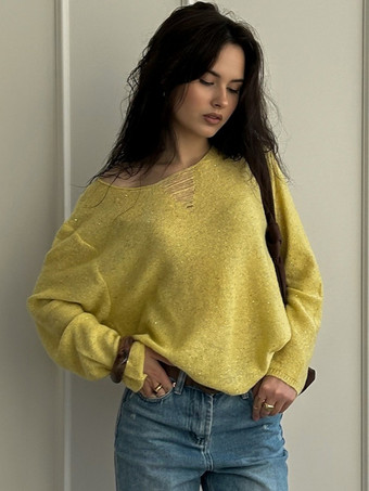 Maglione pullover in maglia con collo rovinato e paillettes per donna 2025