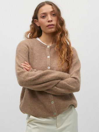 MarrónCárdigan básico de punto con cuello redondo para mujer 2025