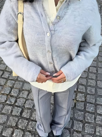 gris claro Cárdigan básico de punto con cuello redondo para mujer 2025