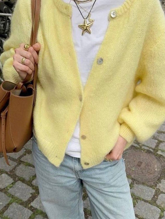 AmarilloCárdigan básico de punto con cuello redondo para mujer 2025