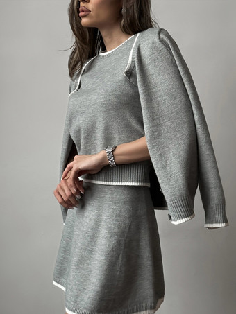 コントラストトリムカーディガン、Tシャツ、ミニスカートのフレンチニット3ピースコーデセット 2025