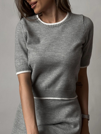 コントラストトリムカーディガン、Tシャツ、ミニスカートのフレンチニット3ピースコーデセット 2025