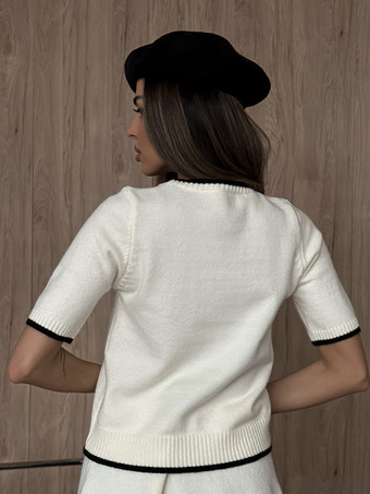 コントラストトリムカーディガン、Tシャツ、ミニスカートのフレンチニット3ピースコーデセット 2025