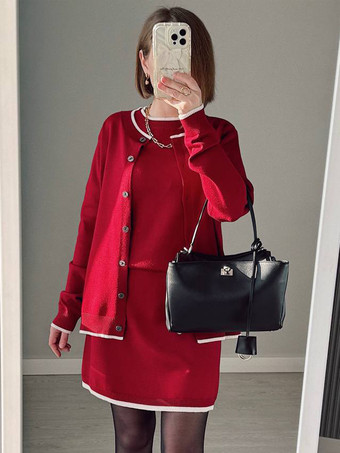 ワインレッド コントラストトリムカーディガン、Tシャツ、ミニスカートのフレンチニット3ピースコーデセット 2025