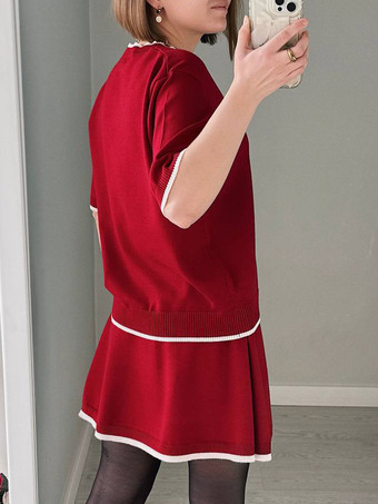 コントラストトリムカーディガン、Tシャツ、ミニスカートのフレンチニット3ピースコーデセット 2025