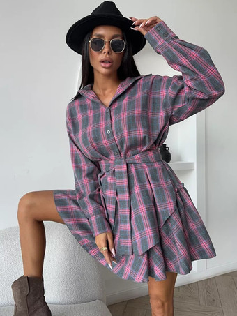 MoradoConjunto de camisa a cuadros con cinturón y minifalda con volantes para mujer 2025