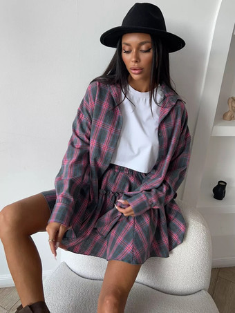 Conjunto de camisa a cuadros con cinturón y minifalda con volantes para mujer 2025