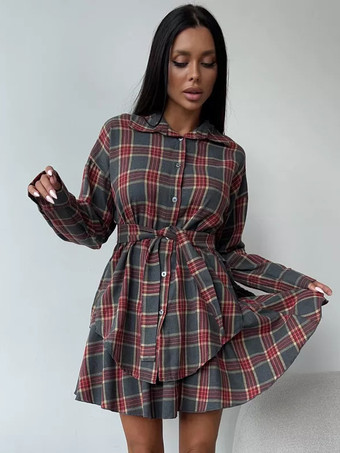 Conjunto de camisa a cuadros con cinturón y minifalda con volantes para mujer 2025