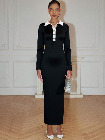 Black White Contrast Collar Maxi Bodycon Dress With Long Sleeves For Women 2025