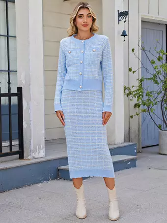 Plaid Cardigan And Pencil Midi Skirt Knit Co-ord Set For Women 2025