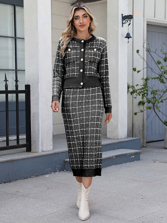 Black Plaid Cardigan And Pencil Midi Skirt Knit Co-ord Set For Women 2025