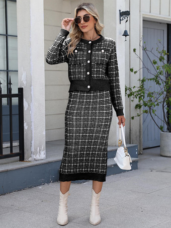 Plaid Cardigan And Pencil Midi Skirt Knit Co-ord Set For Women 2025