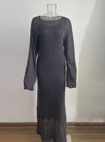Dunkelgrau Langes transparentes Strickkleid für Frühling und Herbst 2025