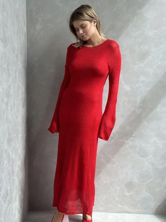 RotLanges transparentes Strickkleid für Frühling und Herbst 2025