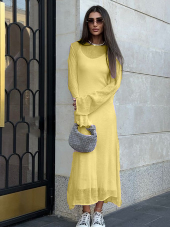 GelbLanges transparentes Strickkleid für Frühling und Herbst 2025