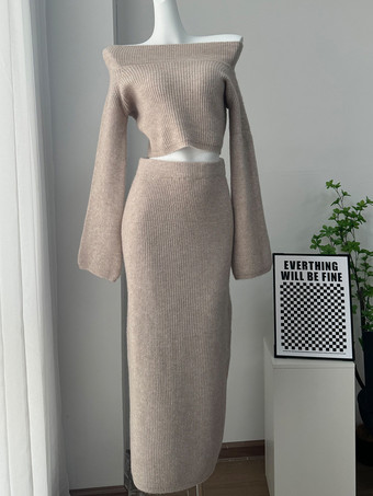 khaki Crop Sweater And Slim Long Skirt Knit Set In Grey For Women 2025