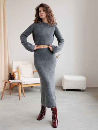 Deep GrayCrop Sweater And Slim Long Skirt Knit Set In Grey For Women 2025