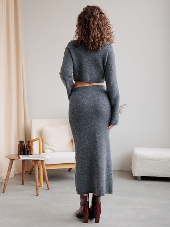 Crop Sweater And Slim Long Skirt Knit Set In Grey For Women 2025
