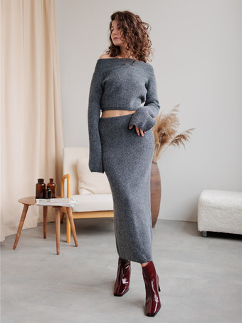 Crop Sweater And Slim Long Skirt Knit Set In Grey For Women 2025
