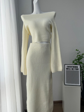 Ecru WhiteCrop Sweater And Slim Long Skirt Knit Set In Grey For Women 2025