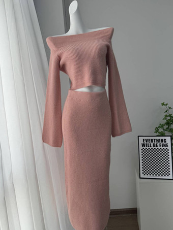 PinkCrop Sweater And Slim Long Skirt Knit Set In Grey For Women 2025