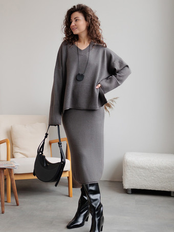 Deep GrayGrey Sweater And Midi Skirt Knit Loungewear Set For Women 2025