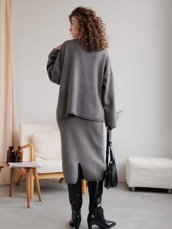 Grey Sweater And Midi Skirt Knit Loungewear Set For Women 2025