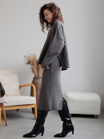 Grey Sweater And Midi Skirt Knit Loungewear Set For Women 2025