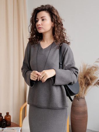 Grey Sweater And Midi Skirt Knit Loungewear Set For Women 2025