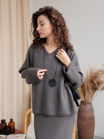 Grey Sweater And Midi Skirt Knit Loungewear Set For Women 2025