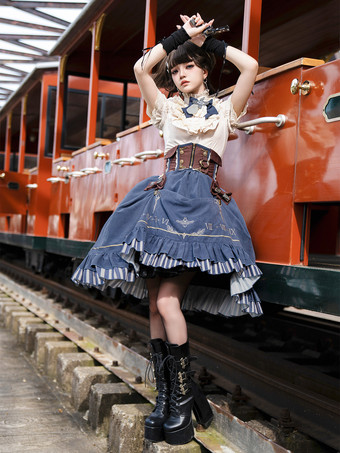 クラシックなロリータスーツ、白いブラウスと青いスカート、コルセットの3点セット、スチームパンク時代のスタイルのロリータコスチューム