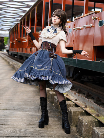 クラシックなロリータスーツ、白いブラウスと青いスカート、コルセットの3点セット、スチームパンク時代のスタイルのロリータコスチューム